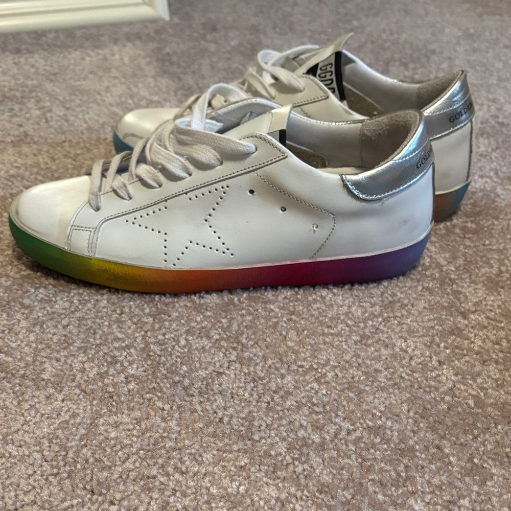 Golden Goose White Sneakers with Silver Accents and Colorful Soles